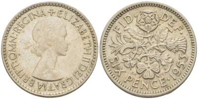 Великобритания 6 пенсов 1953 Елизавета II (1952-2022) KM 889, Spink 4141 медно-никель 3955-413