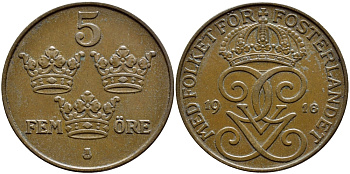 Швеция 5 эре 1916 короткая 6, Густав V (1907-1950) KM 779.2 бронза 4394-841