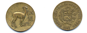 ПЕРУ 1 СОЛЬ 1967 ЛАМА KM 248 латунь 83-1132