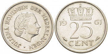 НИДЕРЛАНДЫ 25 ЦЕНТОВ 1961 ЮЛИАНА KM 183 никель 214-749