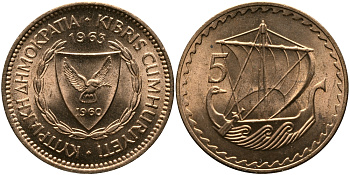 Кипр 5 милсов 1963 парусник KM 39 бронза aUNC 33-753