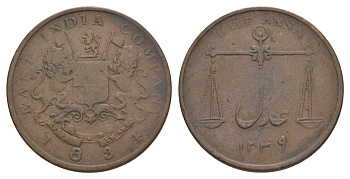 Британская Индия (Ост-Индская компания) 1/2 анны 1834 Маленькие буквы, Виктория (1837-1901) KM 253 медь 1517-713