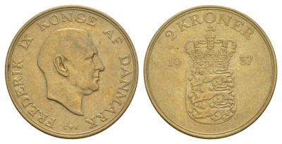 Дания 2 кроны 1957 C, Фредерик IX (1947-1972) KM 838 алюминиевая бронза 4653-1145