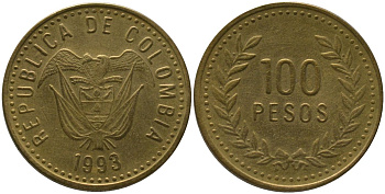 Колумбия 100 песо 1993 KM 285.1, Restrepo 445.2 латунь 4538-1237