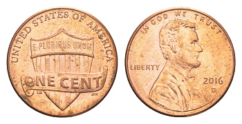 США 1 цент 2016 D, Авраам Линкольн KM 468 цинк плакированный медью UNC 4649-727