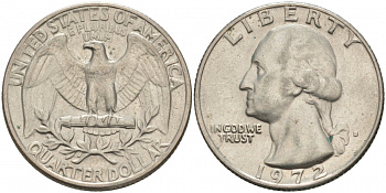 США 25 центов (квотер) 1972 D, Вашингтон KM 164a медь плакированная медно-никелем 73-327
