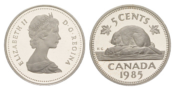 Канада 5 центов 1985 Елизавета II (1952-2022), бобр KM 60.2a медно-никель PROOF 4639-516