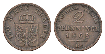 Пруссия 2 пфеннига 1868 B, Вильгельм I (1861-1888) KM 481, Jaeger 51, AKS 107, Olding 425 медь 4651-262