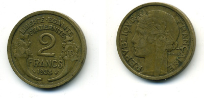 ФРАНЦИЯ 2 ФРАНКА 1938 ТИП MORLON, ТРЕТЬЯ РЕСПУБЛИКА (1871-1940) KM 886, LE FRANC 268.11 алюминиевая бронза 84-136