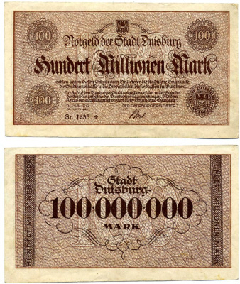 ДУЙСБУРГ 100000000 марок (100 миллионов) 1923 25 сентября 1923, нотгельд, земля Северный Рейн-Вестфалия, серия Sr 1635* Keller 1179k бумага 2193-32-3-1