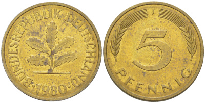 ФРГ 5 ПФЕННИГОВ 1980 J KM 107, J. 382 сталь плакированная латунью 4181-969