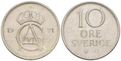 Швеция 10 эре 1971 U, Густав VI Адольф (1950-1973) KM 835 медно-никель 4516-444