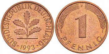 ФРГ 1 ПФЕННИГ 1993 F KM 105, J.380 сталь плакированная медью 4396-1545