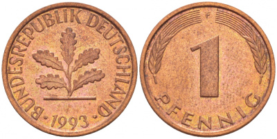 ФРГ 1 ПФЕННИГ 1993 F KM 105, J.380 сталь плакированная медью 4396-1545