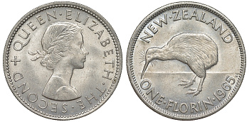 Новая Зеландия 1 флорин 1965 Елизавета II (1952-2022), птичка киви KM 28.2 медно-никель XF-UNC 51-622