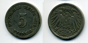 ГЕРМАНИЯ 5 ПФЕННИГОВ 1900 A, KM 11, J. 12 медно-никель 58-1234