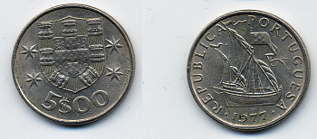 ПОРТУГАЛИЯ 5 ЭСКУДО 1977 ПАРУСНИК KM 591 медно-никель 29-553