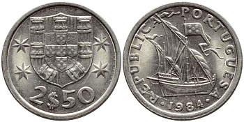 Португалия 2,5 эскудо 1984 парусник KM 590 медно-никель 4396-157