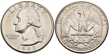 США 25 центов (квотер) 1993 P, Вашингтон KM A164a медь плакированная медно-никелем 67-212