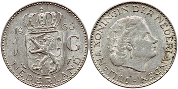 Нидерланды 1 гульден 1966 Юлиана (1948-1980) KM 184 серебро 1522-212