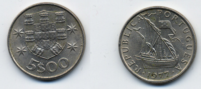 ПОРТУГАЛИЯ 5 ЭСКУДО 1977 ПАРУСНИК KM 591 медно-никель 29-553