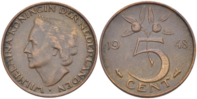 НИДЕРЛАНДЫ 5 ЦЕНТОВ 1948 ВИЛЬГЕЛЬМИНА (1890-1948) KM 176 бронза 76-553