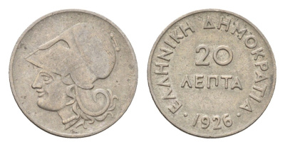Греция 20 лепт 1926 Афина в коринфском шлеме, год-тип KM 67 медно-никель 4668-1242
