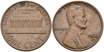 США 1 цент 1968 D, Линкольн KM 201 медь цинк 4115-846