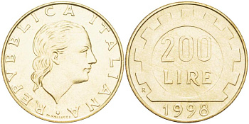 Италия 200 лир 1998 R, шестерня KM 105 алюминиевая бронза 4529-217