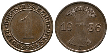 Германия 1 рейхспфенниг 1936 A KM 37, J. 313 бронза 220-132