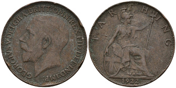 Великобритания 1 фартинг 1922 Георг V (1910-1936), светлая отделка KM 808.2, Spink 4060 бронза 4596-949