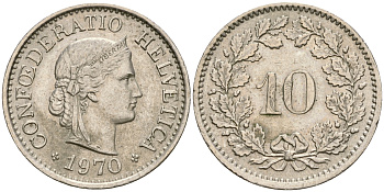 Швейцария 10 раппенов 1970 KM 27 медно-никель 4364-1332