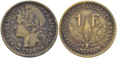 Французский Камерун 1 франк 1924 (а), монетный двор Париж KM 2 алюминиевая бронза 29-1226