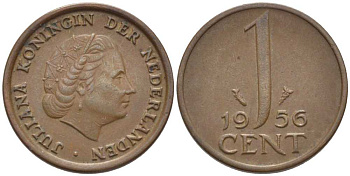 НИДЕРЛАНДЫ 1 ЦЕНТ 1956 ЮЛИАНА KM 180 бронза 206-1056