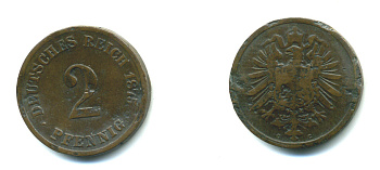 ГЕРМАНИЯ 2 ПФЕННИГА 1875 С, СТАРОГЕРБОВКА KM 2, J.2 медь 4381-446