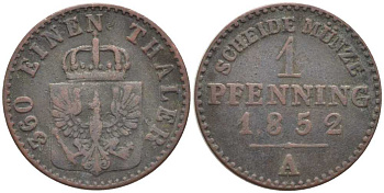 ПРУССИЯ 1 ПФЕННИГ 1852 А, ФРИДРИХ ВИЛЬГЕЛЬМ IV (1840-1861) KM 451 медь 201-532