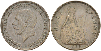 Великобритания 1/2 пенни 1929 Георг V (1910-1936) KM 837, Spink 4058 бронза 4513-752