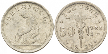 БЕЛЬГИЯ 50 САНТИМОВ 1933 BELGIQUE KM 87 никель 261-1644