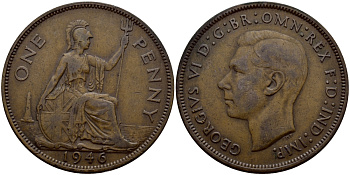 Великобритания 1 пенни 1946 Георг VI (1936-1952) KM 845, Spink 4114 бронза 4607-812