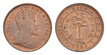 Цейлон 1/2 цента 1904 Эдуард VII (1901-1910) KM 101 медь UNC 1516-1111