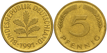 ФРГ 5 пфеннигов 1991 F J.382, KM 107 сталь плакированная латунью    4598-1116