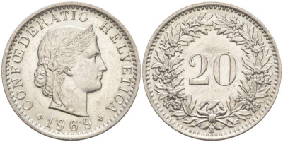 Швейцария 20 раппенов 1969 В KM 29а медно-никель 55-913
