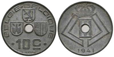 БЕЛЬГИЯ 10 САНТИМОВ 1941 BELGIE-BELGIQUE, ГЕРМАНСКАЯ ОККУПАЦИЯ, ВТОРАЯ МИРОВАЯ ВОЙНА KM 126 цинк 177-1024
