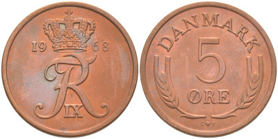 ДАНИЯ 5 ЭРЕ 1968 C; S, ФРЕДЕРИК IX (1947-1972) KM 848.1 бронза UNC 106-217