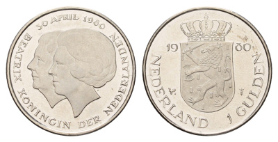 Нидерланды 1 гульден 1980 на коронацию Беатрикс, 30 апреля KM 200 никель UNC 3459-1025