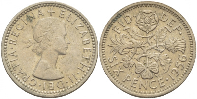 Великобритания 6 пенсов 1956 Елизавета II (1952-2022) KM 903, Spink 4149 медно-никель 4528-916