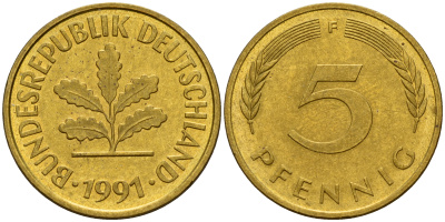 ФРГ 5 пфеннигов 1991 F J.382, KM 107 сталь плакированная латунью    4598-1116