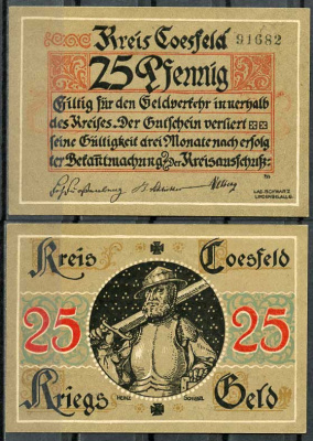 Германия, Косфельд 25 пфеннигов 1918 нотгельд, 5 цифр в номере Tieste 1185.05.01 бумага UNC (пресс) 444-70-2-2