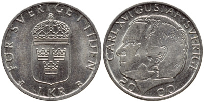 Швеция 1 крона 2000 Карл XVI Густав (1973- ) KM 852а медно-никель 4379-1443