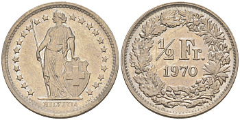 Швейцария 1/2 франка 1970 KM 23а.1 медно-никель 188-1046